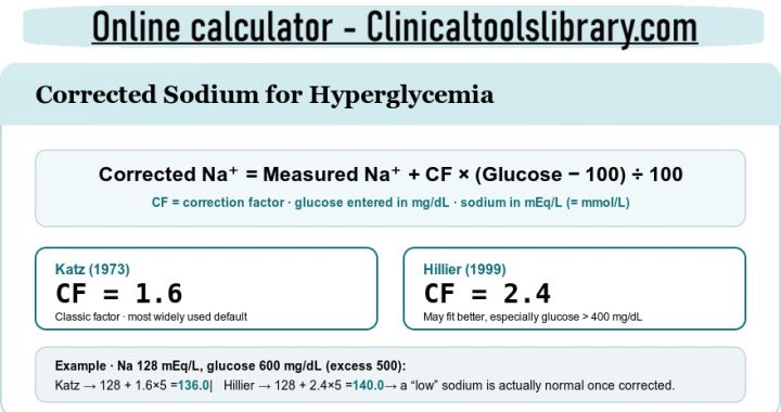 Corrected sodium formula for hyperglycemia showing the Katz 1.6 and Hillier 2.4 correction factors with a worked example